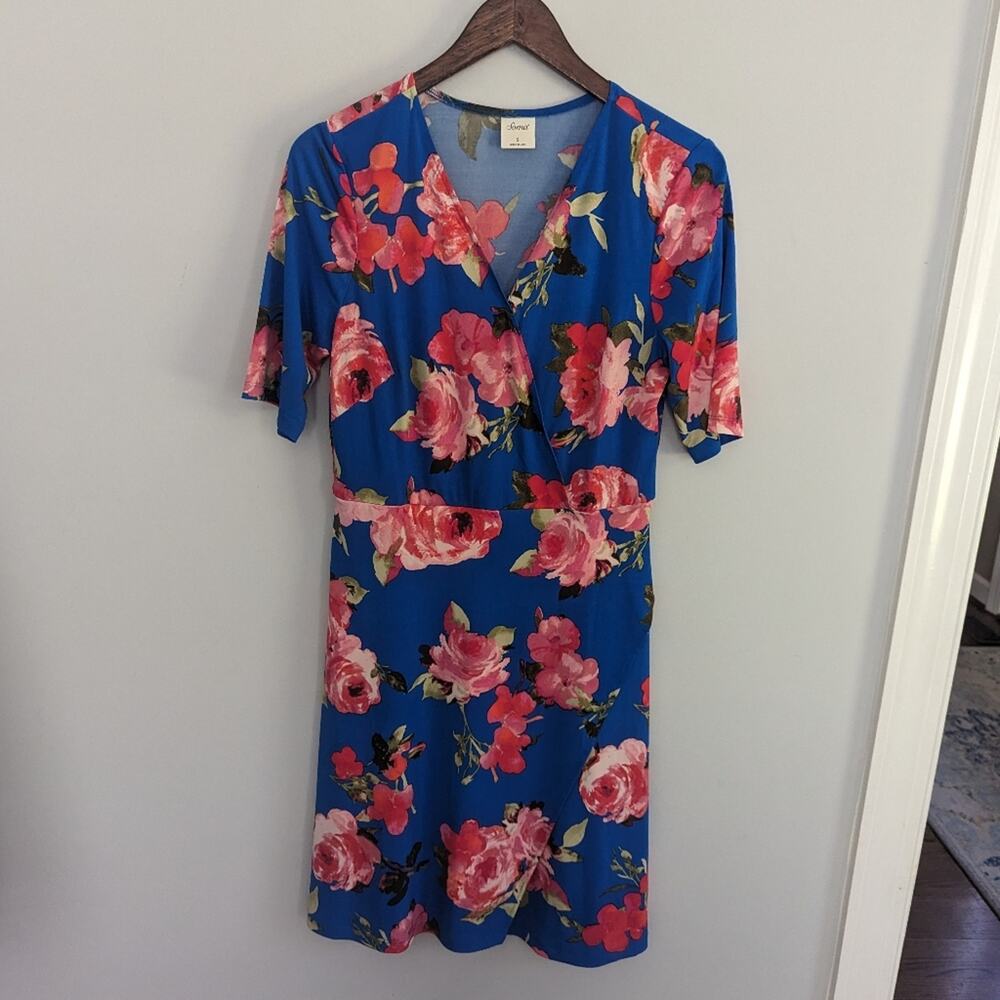 SOMA Small Floral Wrap Dress in Blue and Pink